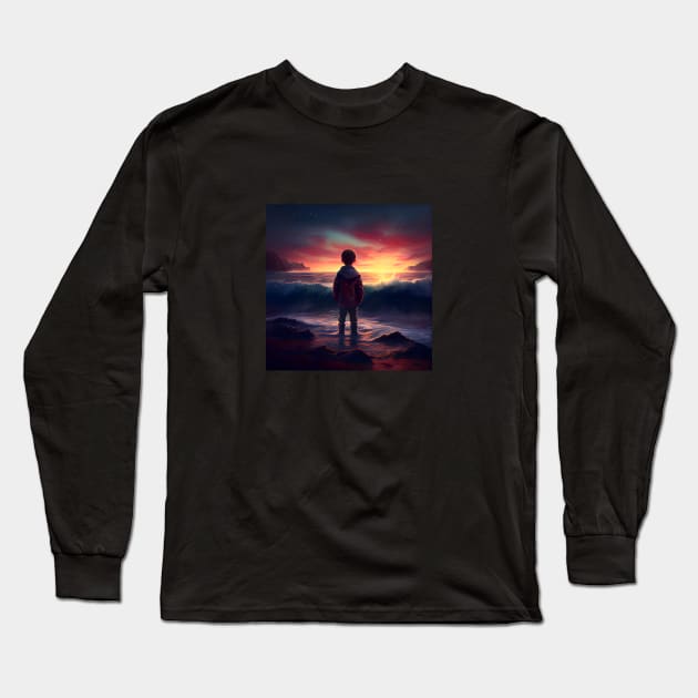 Young man standing on the beach enjoying the sunset one Long Sleeve T-Shirt by MLArtifex